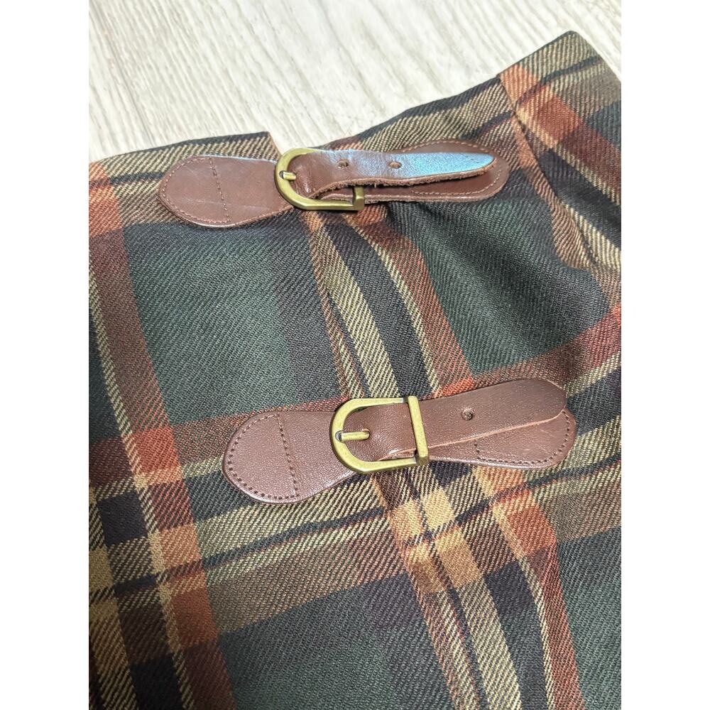 Vintage Lauren Ralph Lauren Plaid Wool Wrap Midi Skirt Leather Buckle 12 FLAW - Picture 4 of 8